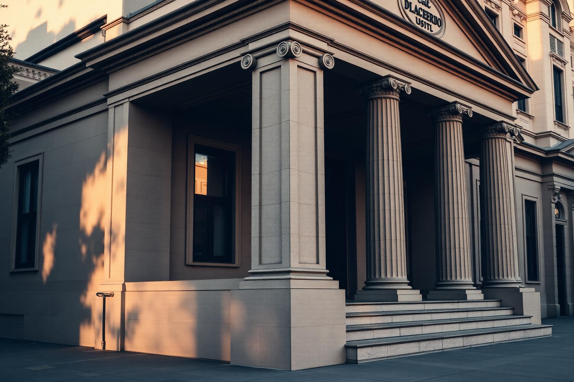Fachada clásica de tribunal con columnas al atardecer